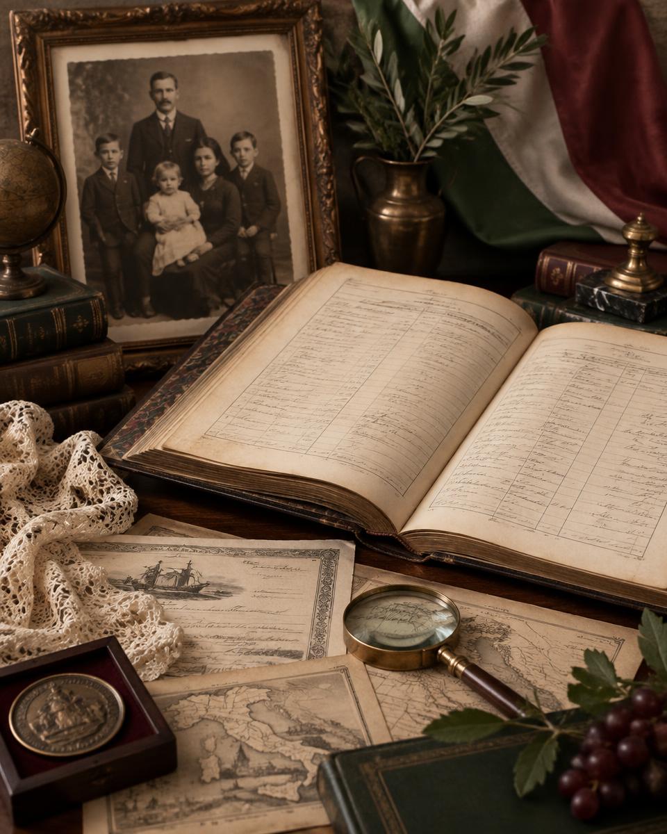 Acervo genealógico com documentos e retrato de imigrantes italianos